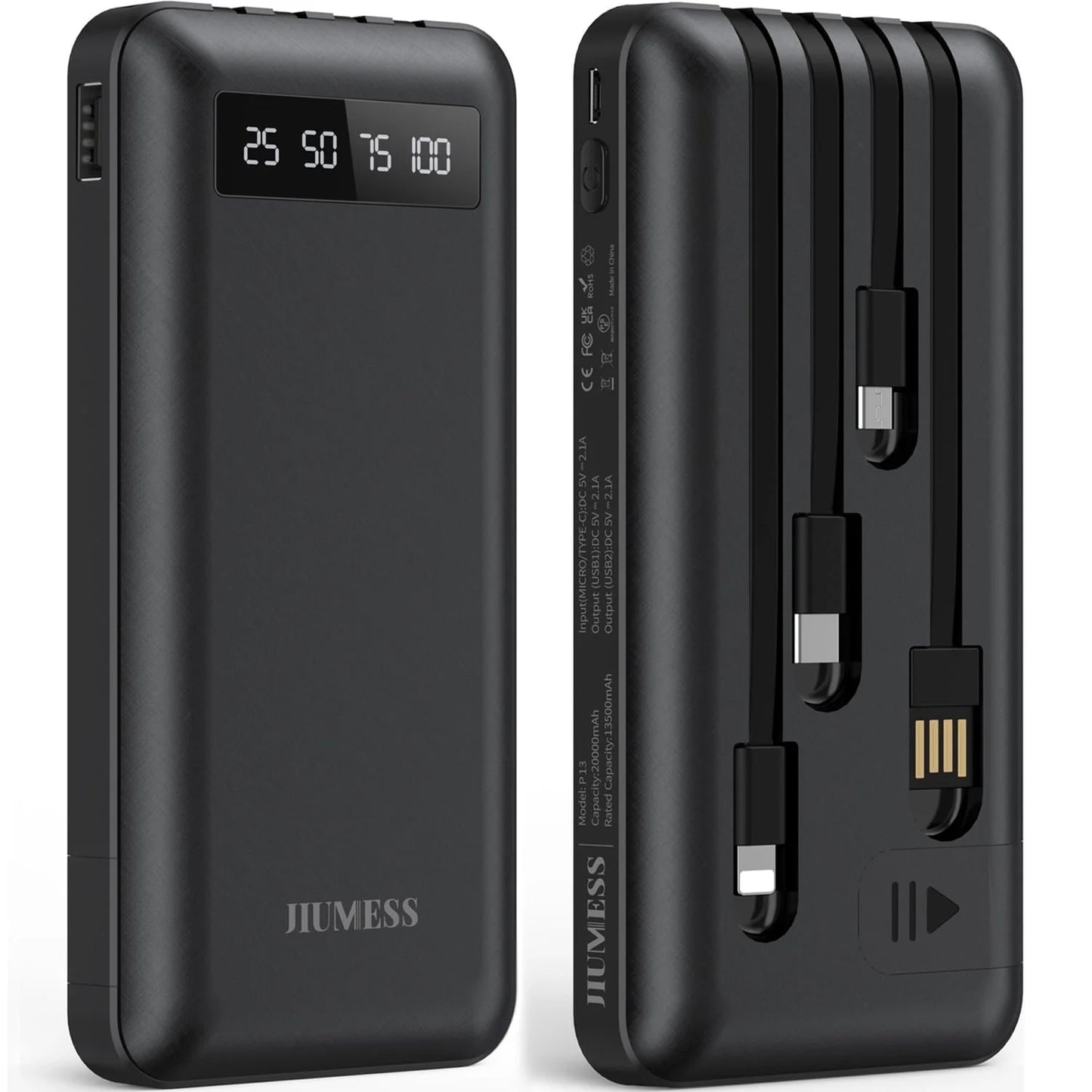 20000Mah Power Bank Portable Charger with Cables, USB Battery Pack for Iphone & Android Cell Phone